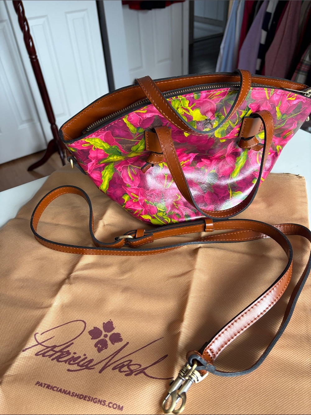 Patricia Nash Leather Printed Floral Tote with Mini Scarf and Brown Trim